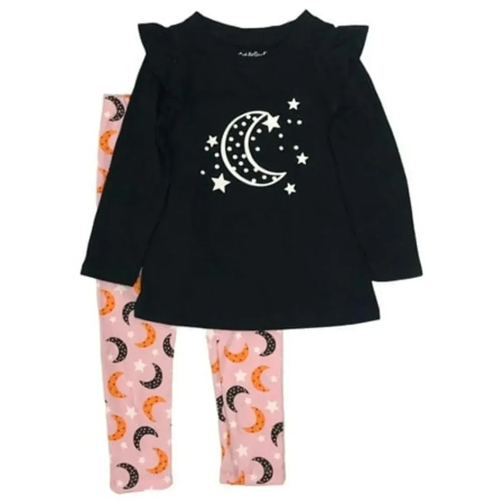 Girls Glow in the Dark Moon & Stars Halloween Outfit Shirt & Leggings Set | 4T